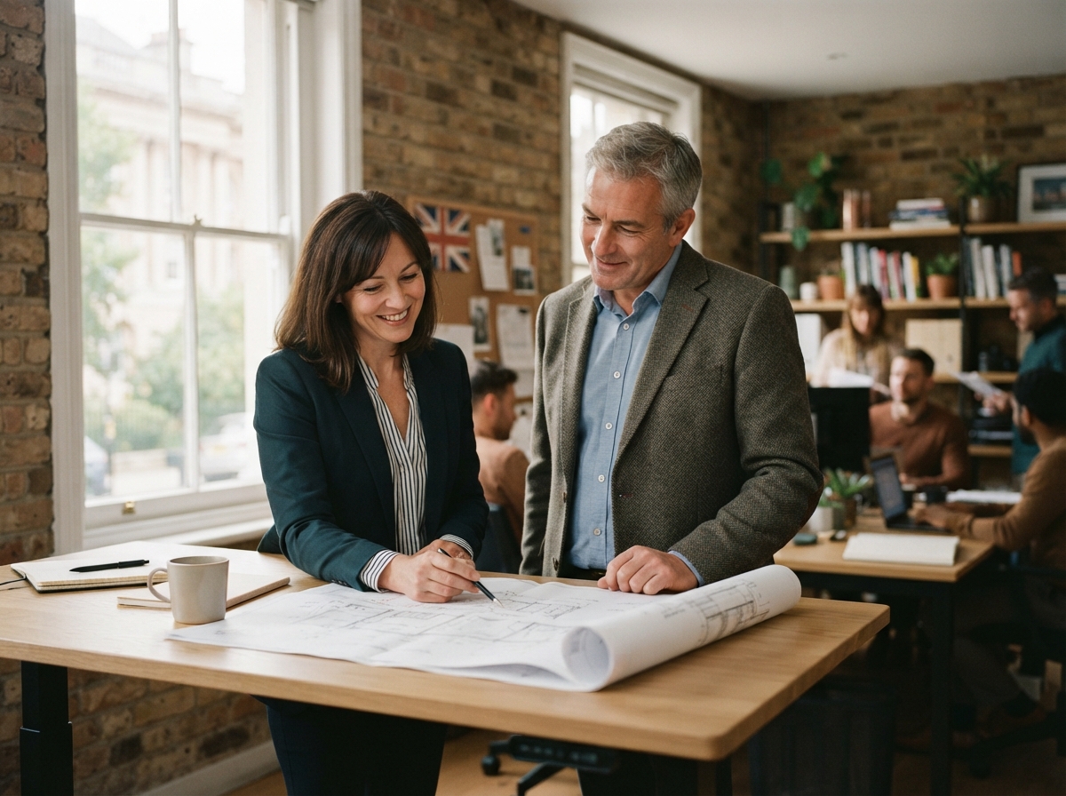 Two business partners reviewing plans in a modern office