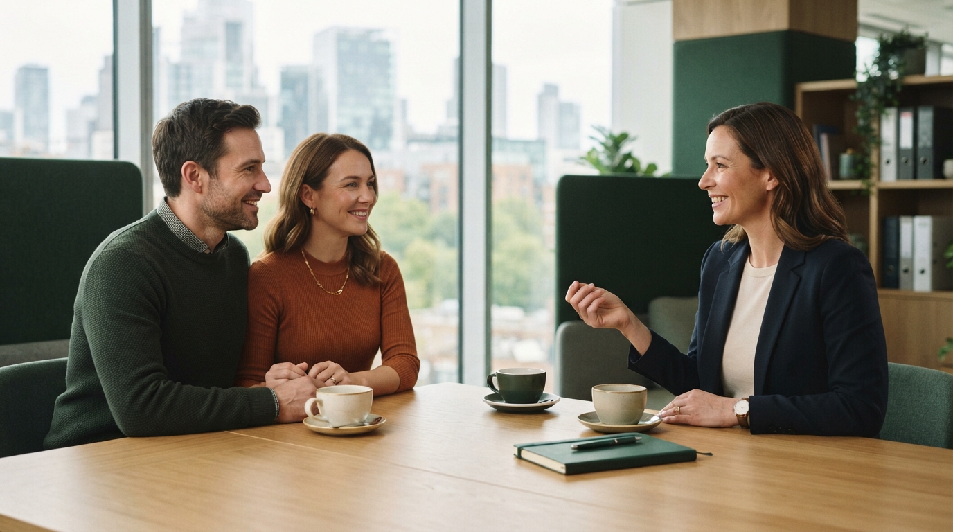 An adviser talking with a couple in a bright, modern office