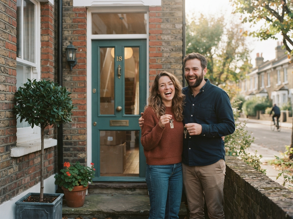 A couple holding keys at the door of their new home