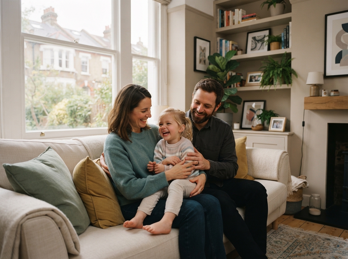 Parents laughing with their young child at home